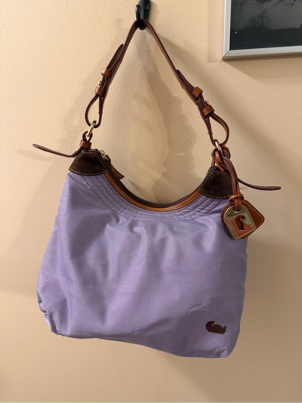 Dooney & Bourke Lavender Nylon Hobo with Brown Leather Trim